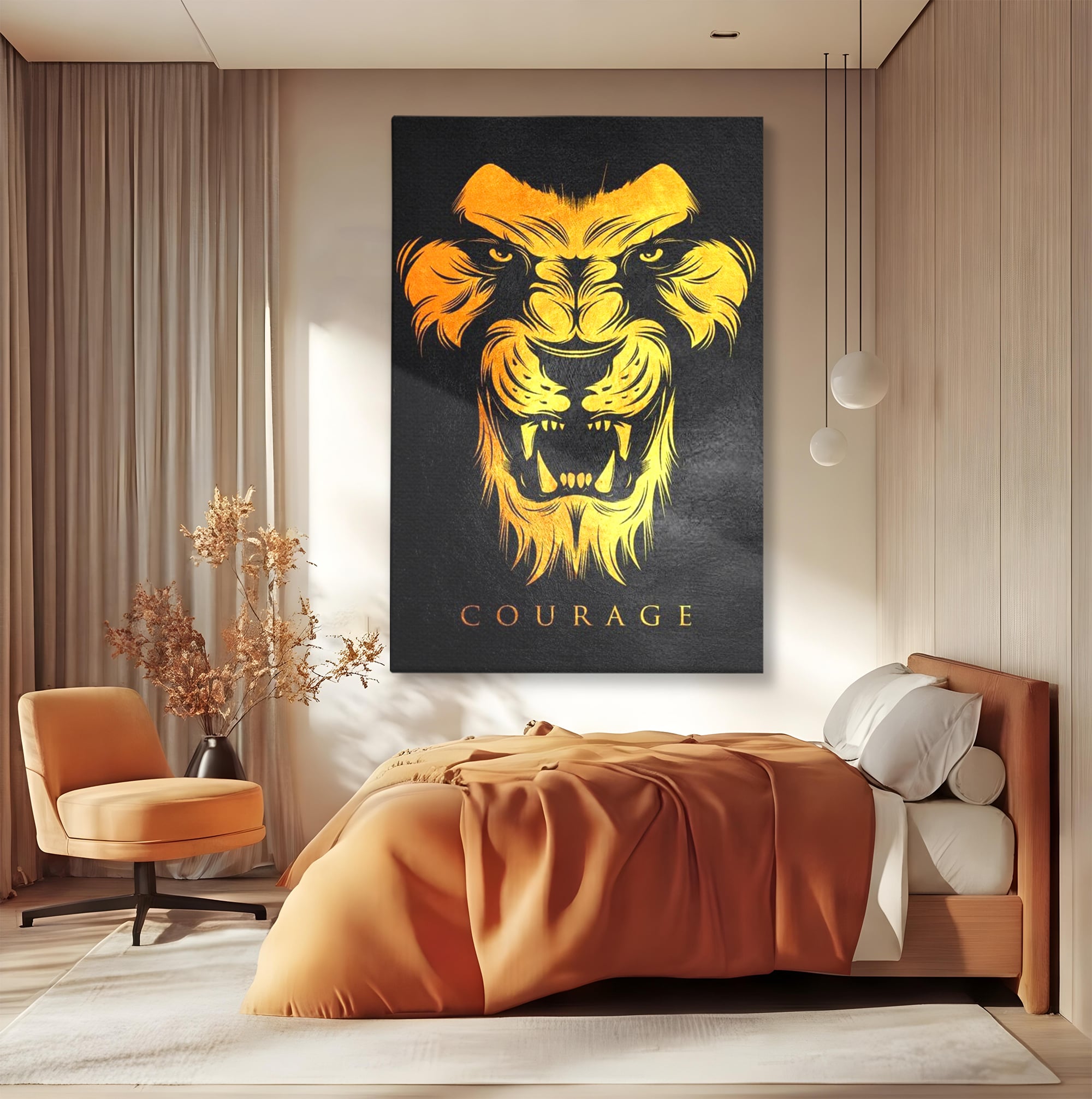 Tablou canvas cu tablou canvas cu leu aurit, fara rama, pe sasiu de lemn, pe perete intr-un dormitor
